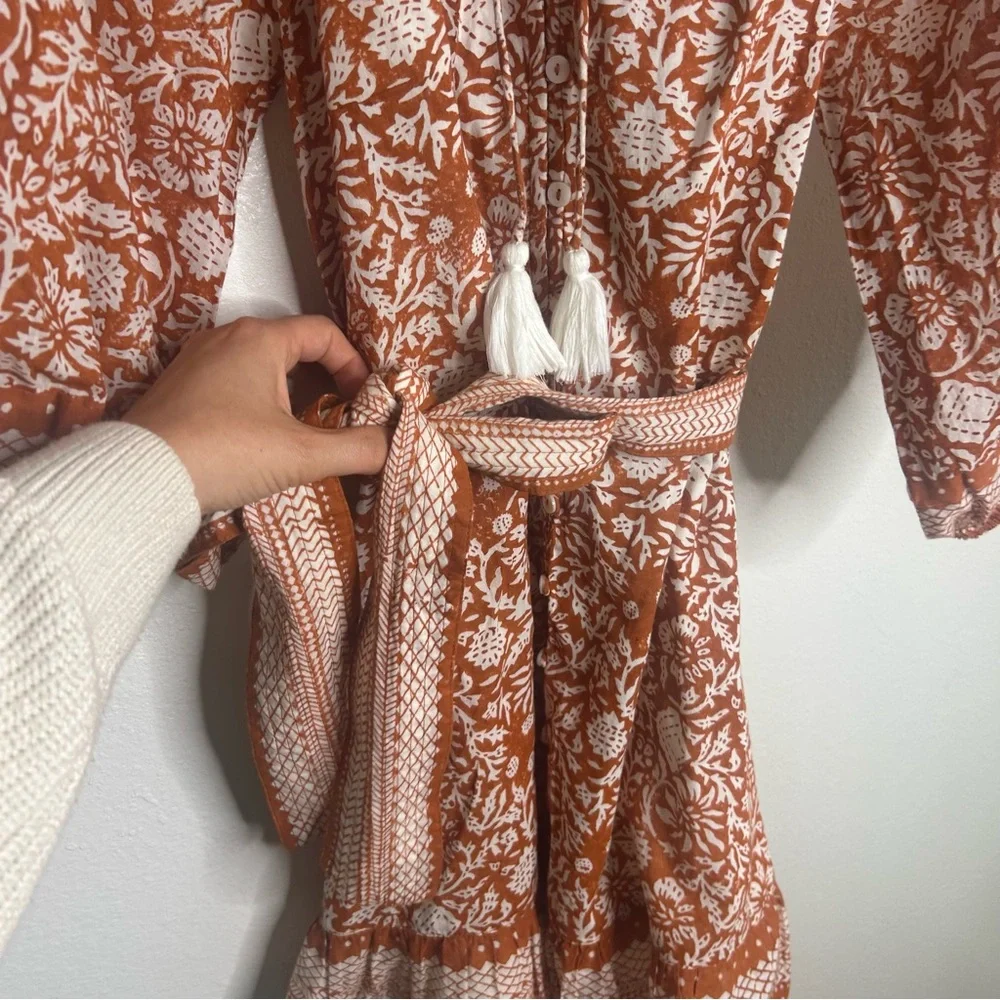 Cleobella Organic Cotton Belted Puff Sleeve Mini Dress Orange Floral Vivian S